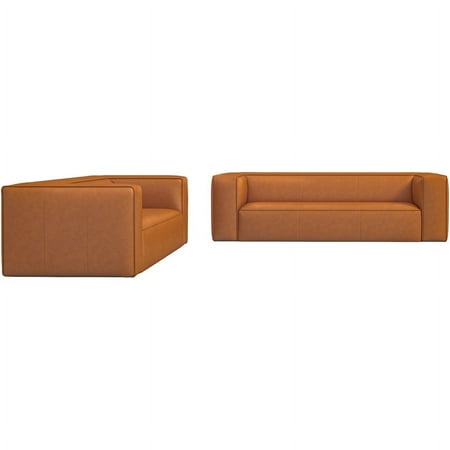 Eva Mid-Century Fixed Back Leather Sofa Set in Tan