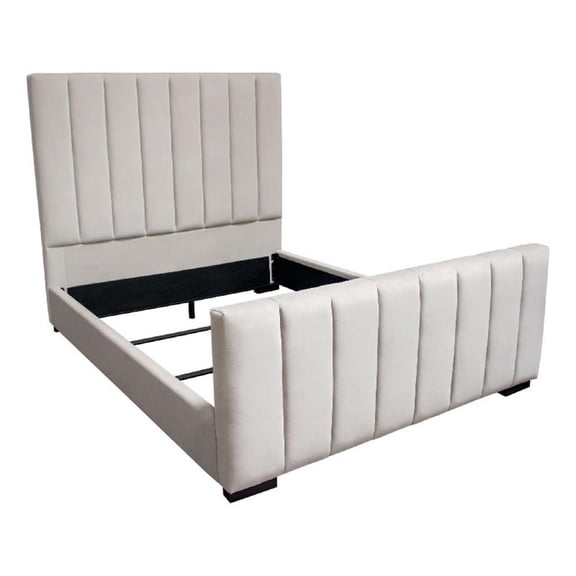 Eva Queen Bed- Vertical Channel Tufted Light Gray Velvet Upholstery