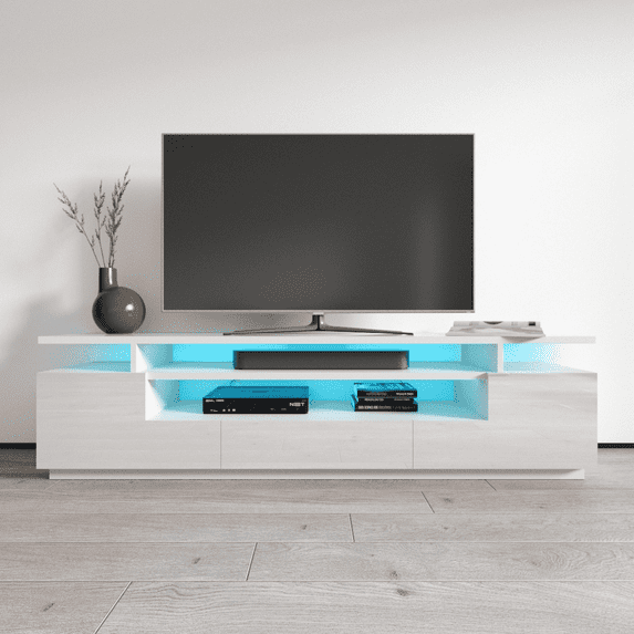 Eva TV Stand for TVs up to 85", Modern High Gloss 77" Entertainment Center, TV Media Console with Storage Cabinets and LED Lights