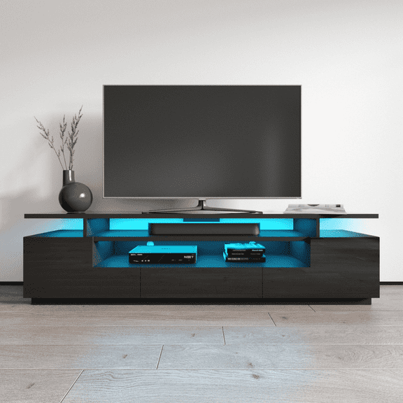 Eva TV Stand for TVs up to 85", Modern High Gloss 77" Entertainment Center, TV Media Console with Storage Cabinets and LED Lights