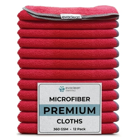 EvaClean Premium Microfiber Cleaning Cloths 16”x16” (Red) - Reusable, Washable, Non-Scratch Towels for Cleaning, Dusting, Polishing, 12-Pack