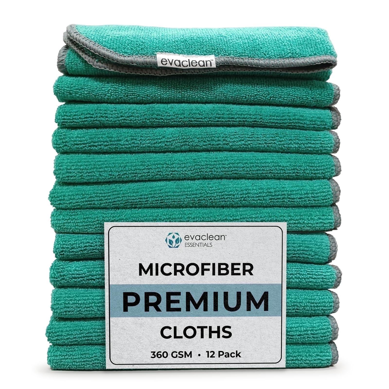 EvaClean Premium Microfiber Cleaning Cloths 16”x16” (Green) - Reusable, Washable, Non-Scratch Towels for Cleaning, Dusting, Polishing, 12-Pack