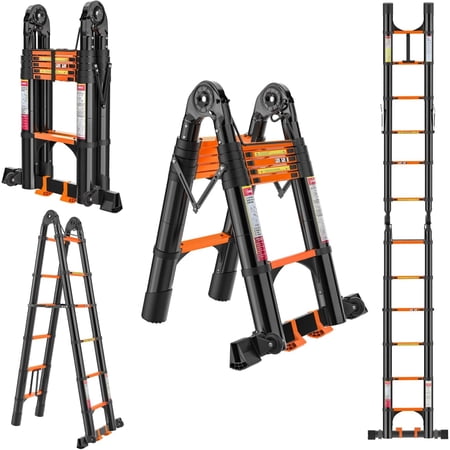 EvaStar Home 12.5FT A Frame Telescoping Ladder, Lightweight Aluminum Telescopic Ladders w/Triangle Stabilizers, Stabilizer Bar & Wheels, 330lbs Capacity Extension Ladder for Home, Outdoor