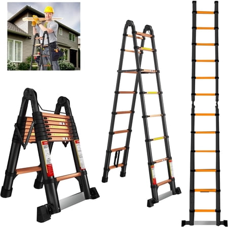 EvaStar Home 16.5FT A Frame Telescoping Ladder, Lightweight Aluminum Telescopic Ladders w/Triangle Stabilizers, Stabilizer Bar & Wheels, 330lbs Capacity Extension Ladder for Home, Outdoor