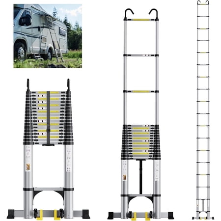 EvaStar Home 26.2FT Telescoping Ladder, Aluminum Lightweight Extension Ladder w/Triangle Stabilizer, Stabilizer Bar & Wheels, 330lbs Capacity Collapsible Ladders for Home & Outdoor