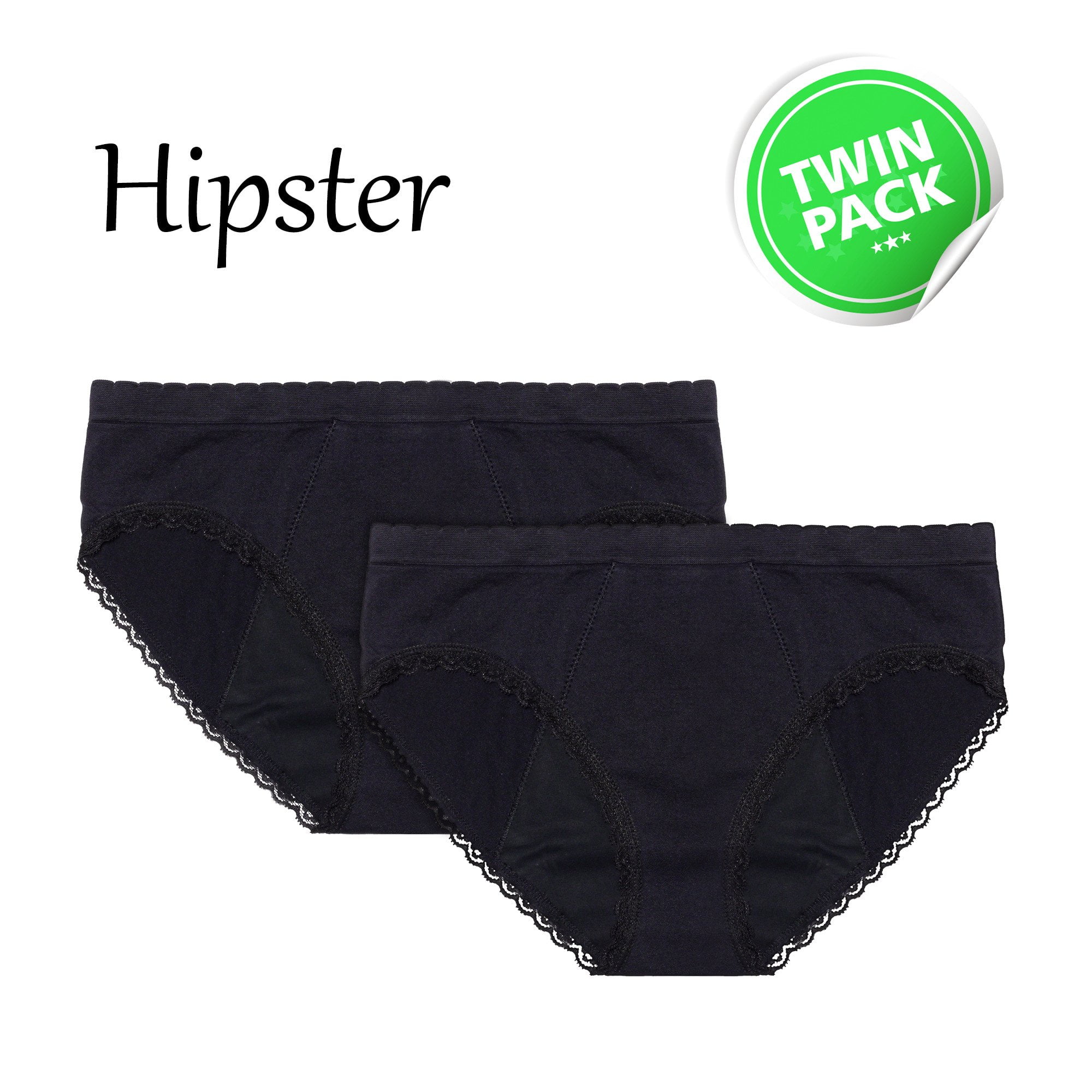 EvaWear Reusable Period Panty - 2 Pack Black Hipster (XL)