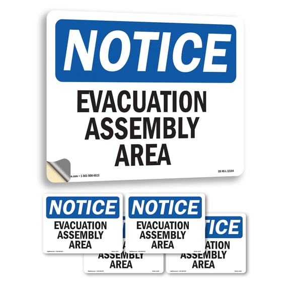 Evacuation Assembly Area OSHA Notice Vinyl Decal Label 10 Inch x 7 Inch - 5 Pack
