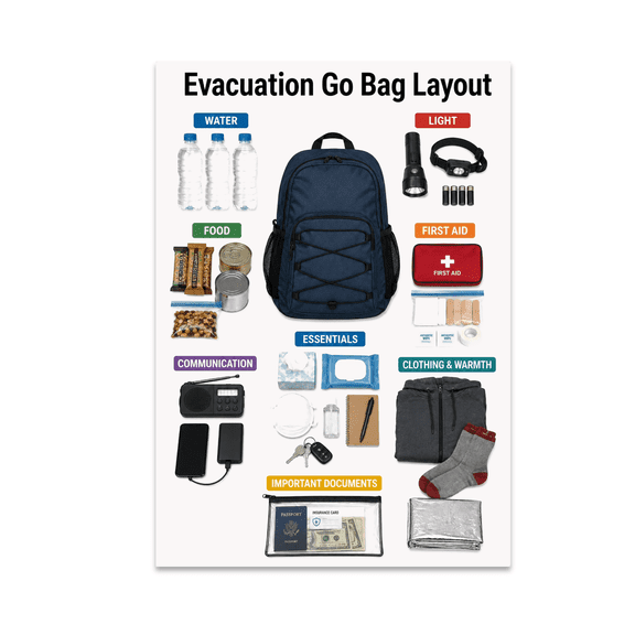 Evacuation Go Bag Layout Educational Reference - Home Safety Preparedness - 13x19 Poster Print