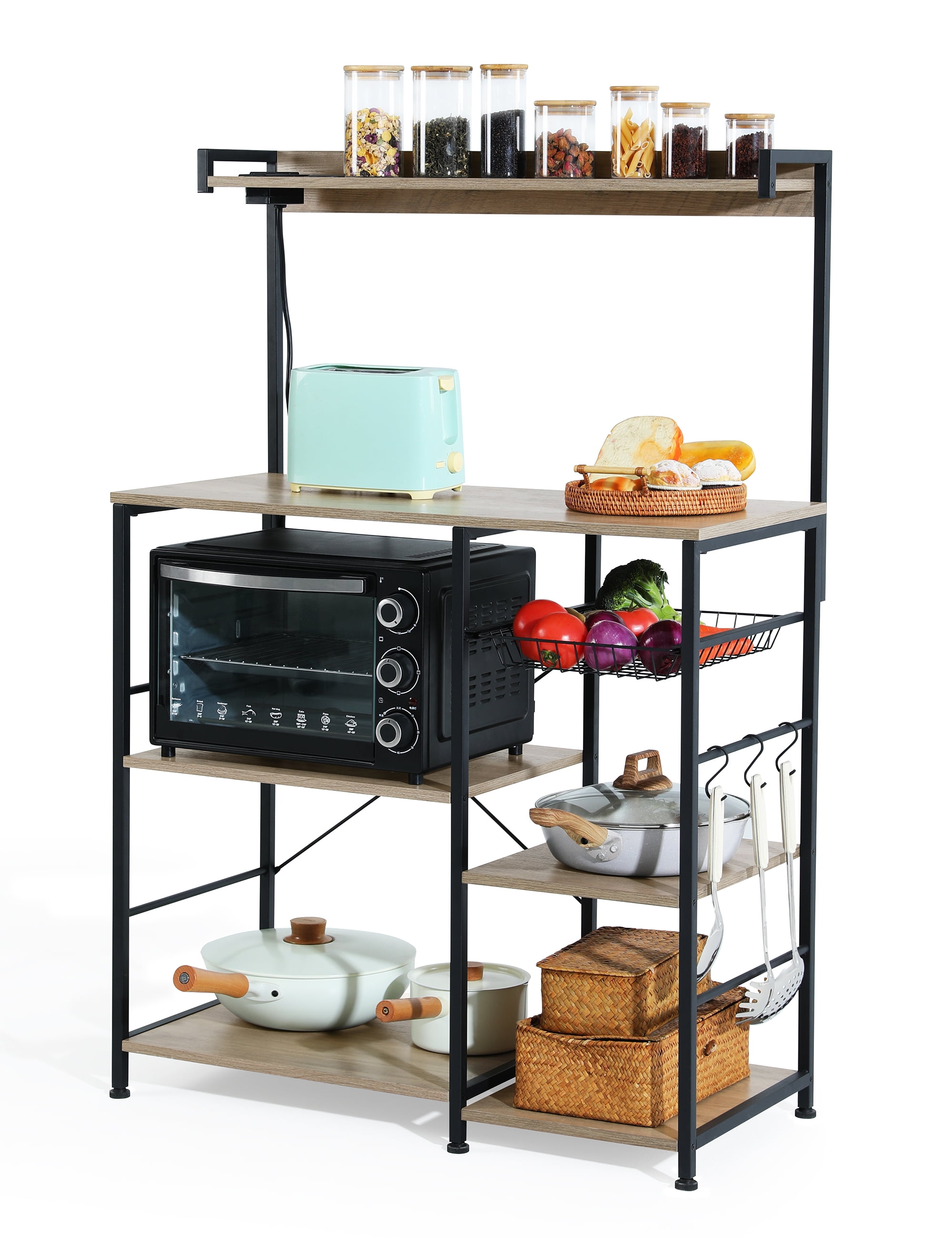 SUPERJARE Bakers Rack with Power Outlet, Microwave Stand, Coffee Bar with  Wire Basket, Kitchen Storage Rack with 6 S-Hooks, Kitchen Shelves for