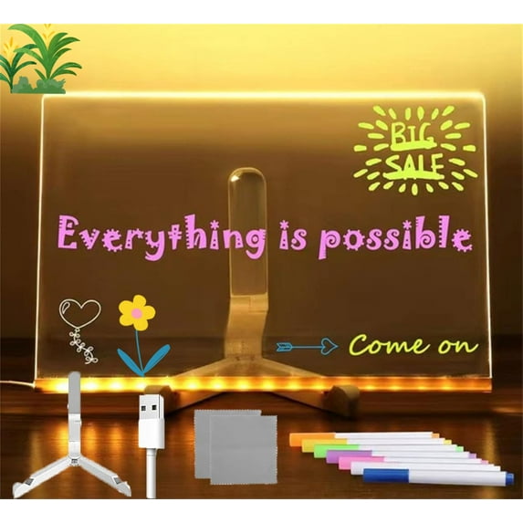 Evaliuate LED Message Board, Creative Rewritable Acrylic LED Message Board - Come with 7 Pens, LED Note Board with Colors, for Office, School, Home & Kids (15 * 15cm /5.9 * 5.9In)