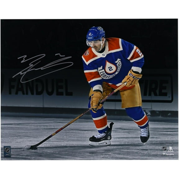 Evan Bouchard Edmonton Oilers Autographed 16" x 20" 2023 Heritage Classic with Puck Photograph - Fanatics Authentic Certified