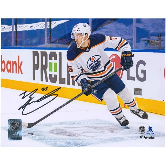 Evan Bouchard Edmonton Oilers Autographed 8" x 10" White Jersey with Puck Photograph - Fanatics Authentic Certified