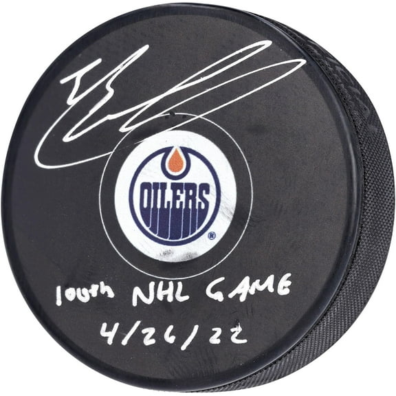 Evan Bouchard Edmonton Oilers Autographed Hockey Puck with "100th NHL Game 4/26/22" Inscription - Fanatics Authentic Certified