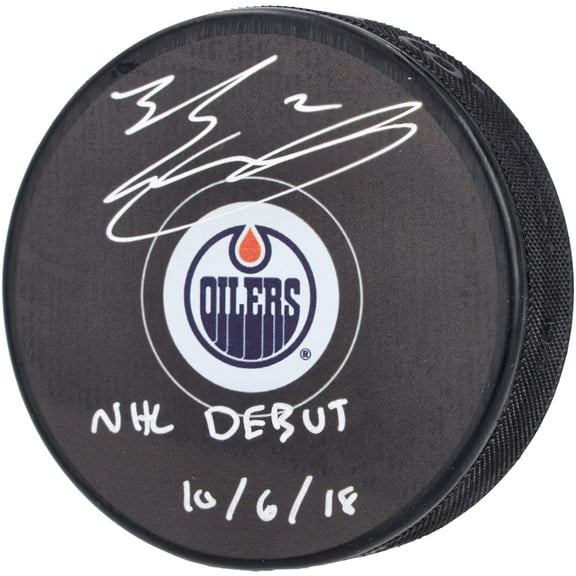 Evan Bouchard Edmonton Oilers Autographed Hockey Puck with "NHL Debut 10/6/18" Inscription - Fanatics Authentic Certified