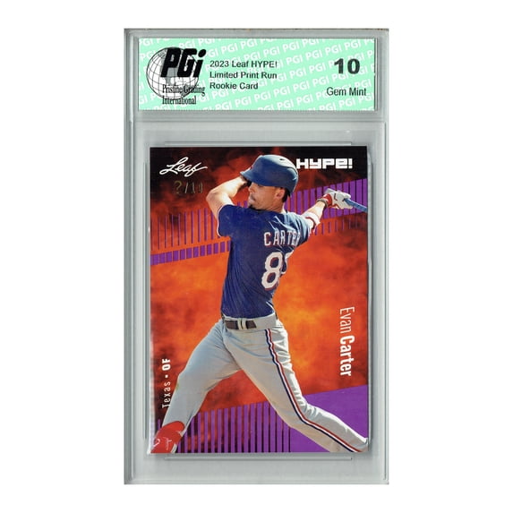 Evan Carter 2023 Leaf HYPE! #120 Purple SP, Just 10 Made Rookie Card PGI 10 Texas Rangers