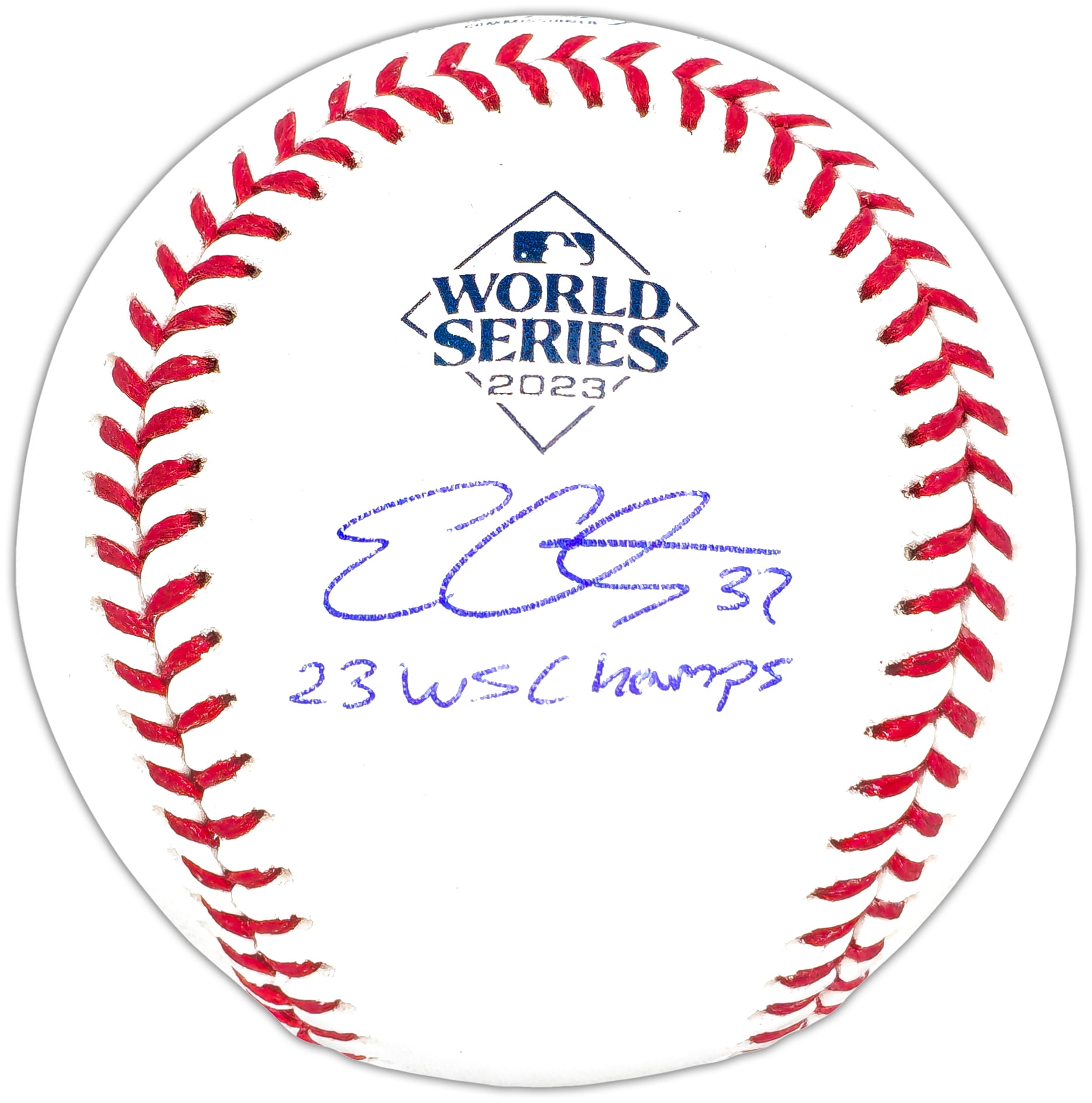 Evan Carter Autographed Official 2023 World Series Logo MLB Baseball Texas Rangers "23 WS Champs" Beckett BAS Witness 221323