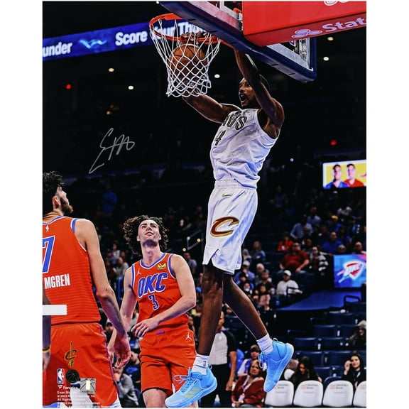 Evan Mobley Cleveland Cavaliers Autographed 16" x 20" White Jersey Dunking vs. Oklahoma Thunder Photograph - Fanatics Authentic Certified