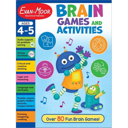 Evan-Moor Brain Games and Activities, Age 4 - 5: Early Learning Activity Book, Sticker Activities, Cut and Glue, Alphabet, Numbers, 128 pages (Paperback)