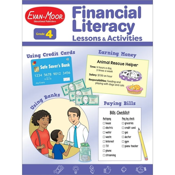 Evan-Moor Financial Literacy Lessons and Activities, Grade 4 Reproducible Teaching Resource, Math, Learn about Money, Earning, Paying, Buying, Saving, Life Skills, 144 pages (Paperback)