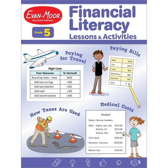 Evan-Moor Financial Literacy Lessons and Activities, Grade 5 Reproducible Teaching Resource, Math, Money, Earning, Paying, Buying, Saving, Life Skills, 144 pages