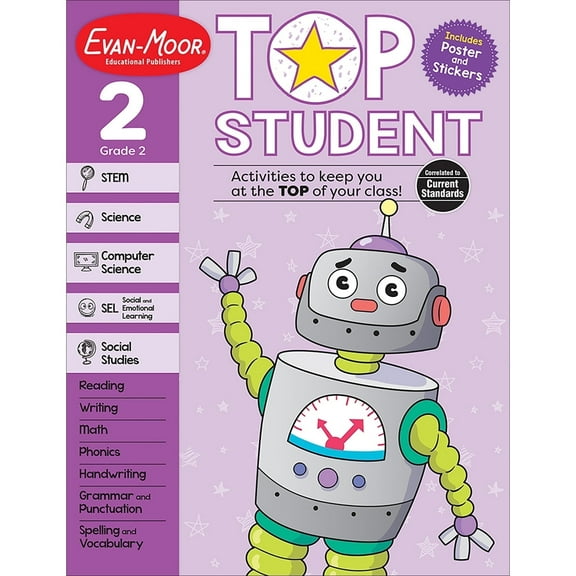 Evan-Moor Top Student, Grade 2 Workbook, Ages 7-8, 300  Activities, Reading, Math, STEM, SEL, Stickers