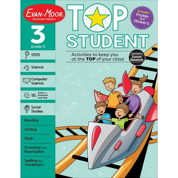 Evan-Moor Top Student, Grade 3 Workbook, Ages 8-9, 300+ Activities, Reading, Math, STEM, SEL, Stickers