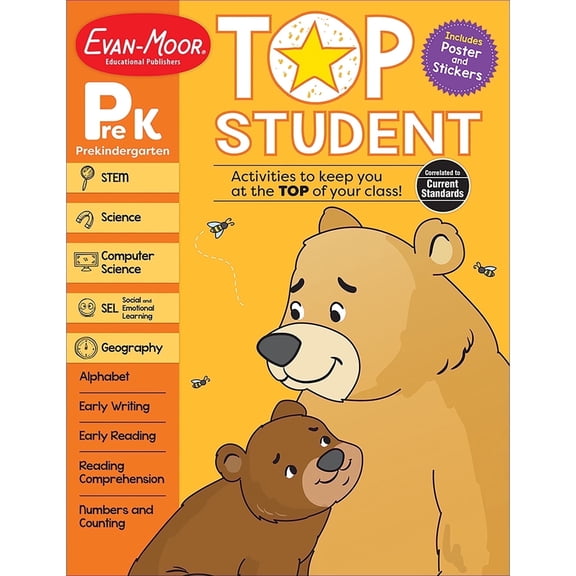 Evan-Moor Top Student, Pre-Kindergarten Workbook, Ages 4-5, 300+ Activities, Reading, Math, STEM, SEL, Stickers