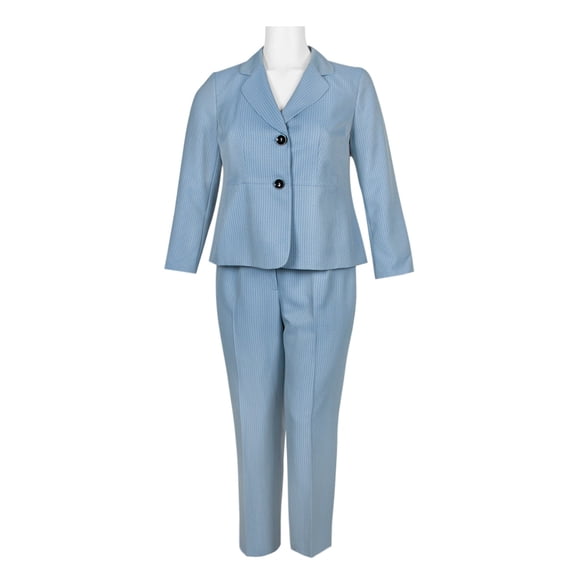 Evan Picone Notched Collar Two Button Long Sleeve Twill Pants Set (Plus Size)-BEL AIRE BLUE