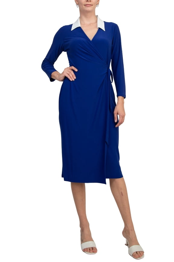 Women's 3/4 Sleeve Midi Wrap Dress Color: ROYAL WHITE, Size: 12
