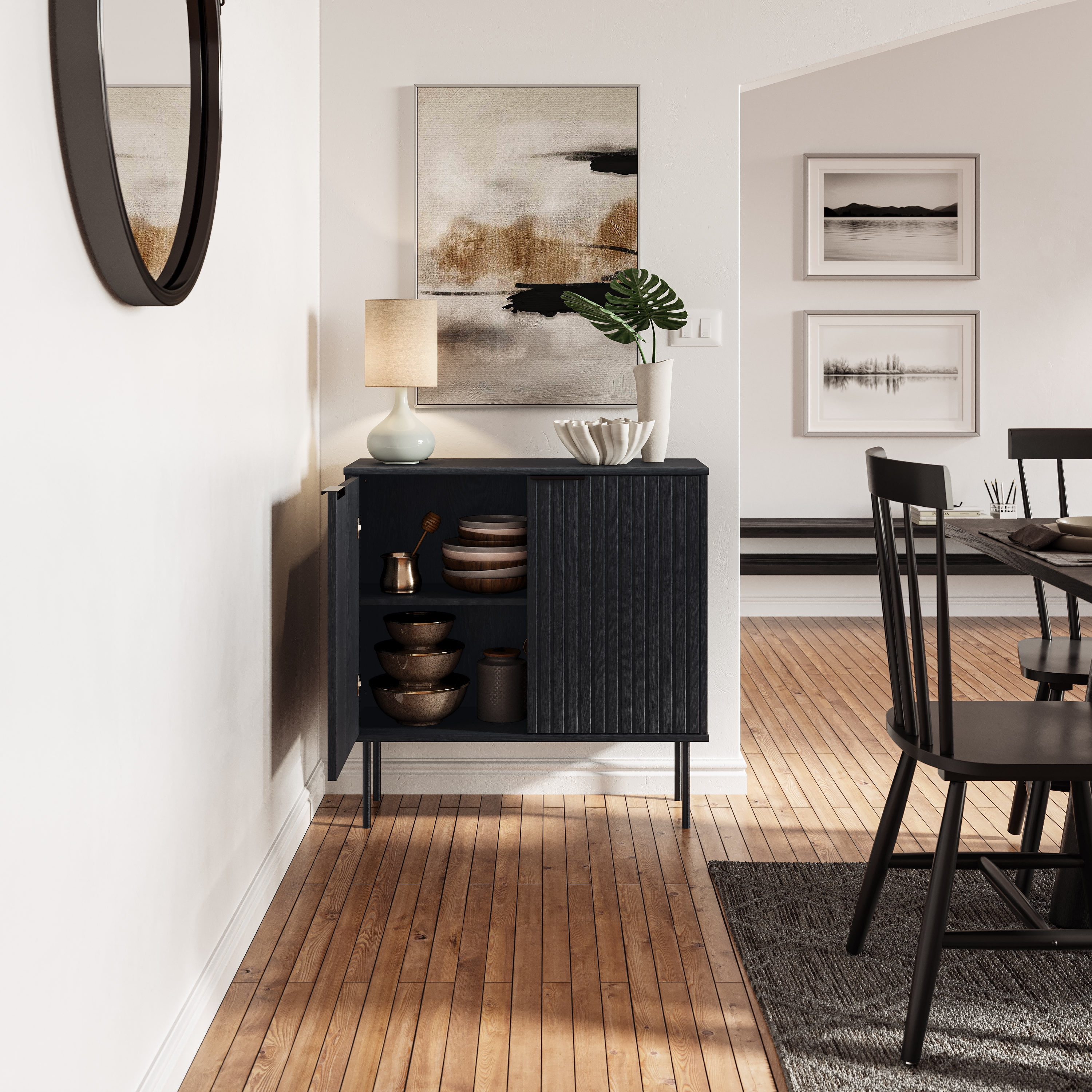Evander Black Classic Fluted Engineered Wood Compact Sideboard Buffet ...
