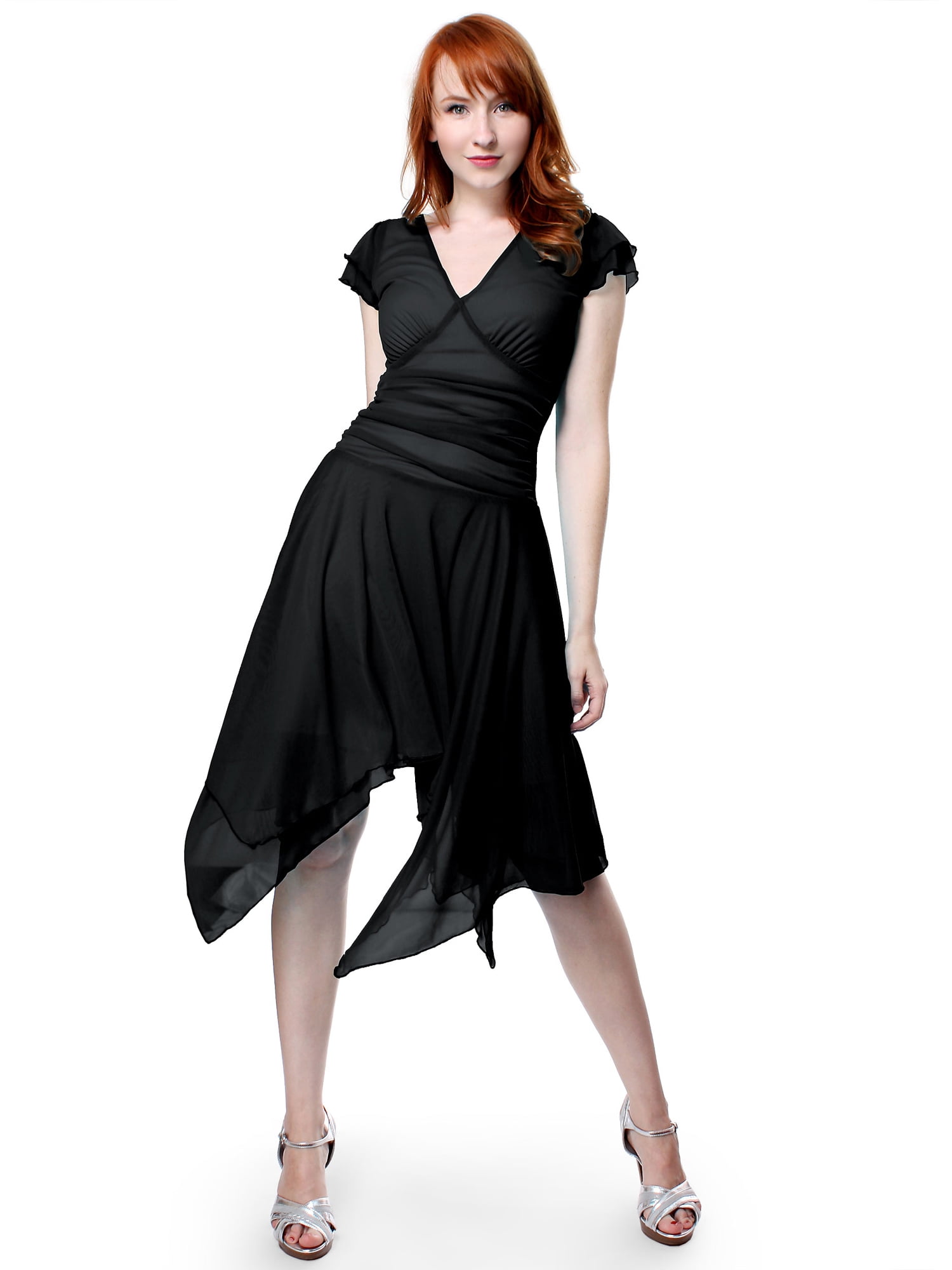 Evanese Women's Double Layered Asymmetrical Handkerchief Skirt Cocktail Dress, Black