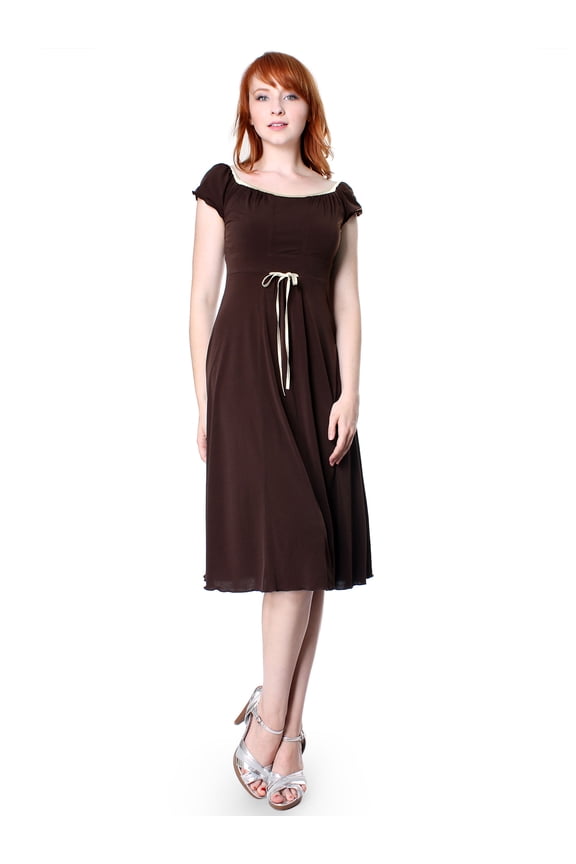 Women's sweetheart cap sleeve knee length day dress with satin trims