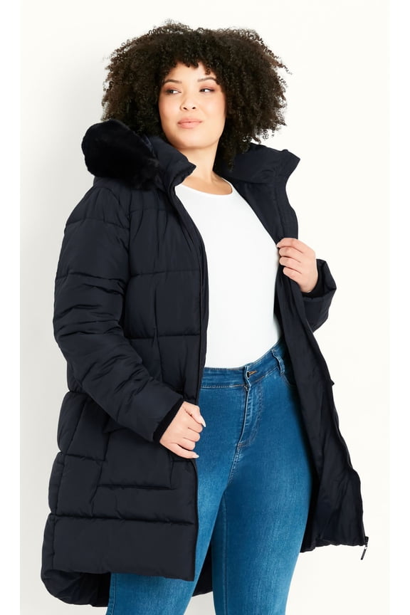 Women's Plus Size Contrast Zip Faux Fur Trim Coat