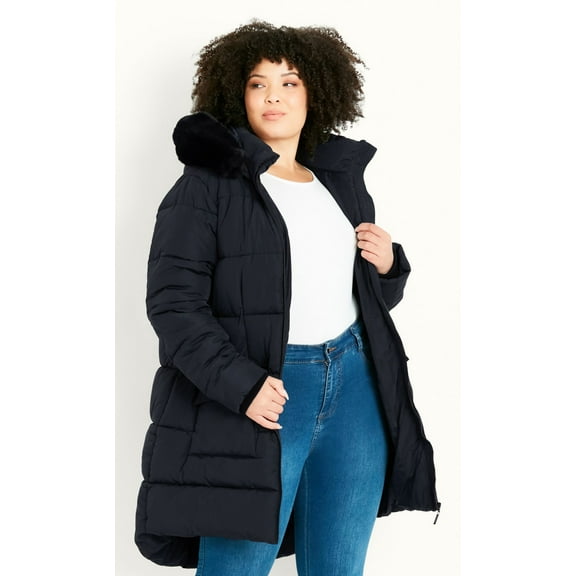 Evans Women's Plus Size Contrast Zip Faux Fur Trim Coat