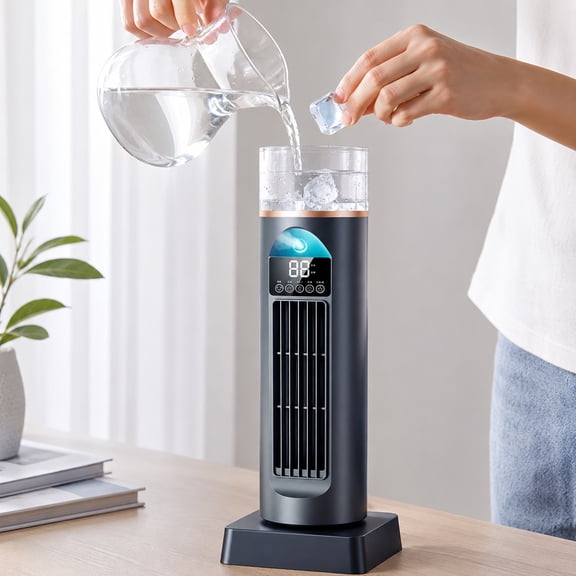 Evaporative Air Cooler Black Portable Remote Control Water Cooling Fan with Digital Display English Version Including USB Cable User Manual for Home Office Bedroom Desk Personal Summer Cooling