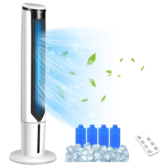 Evaporative Air Cooler Portable for Room Cooling, 41 Inch Bladeless Tower Fan with Remote Control, 3 Wind Modes 3 Speed Levels 70 Oscillation, 9 Hour Timer Quiet Operation, White