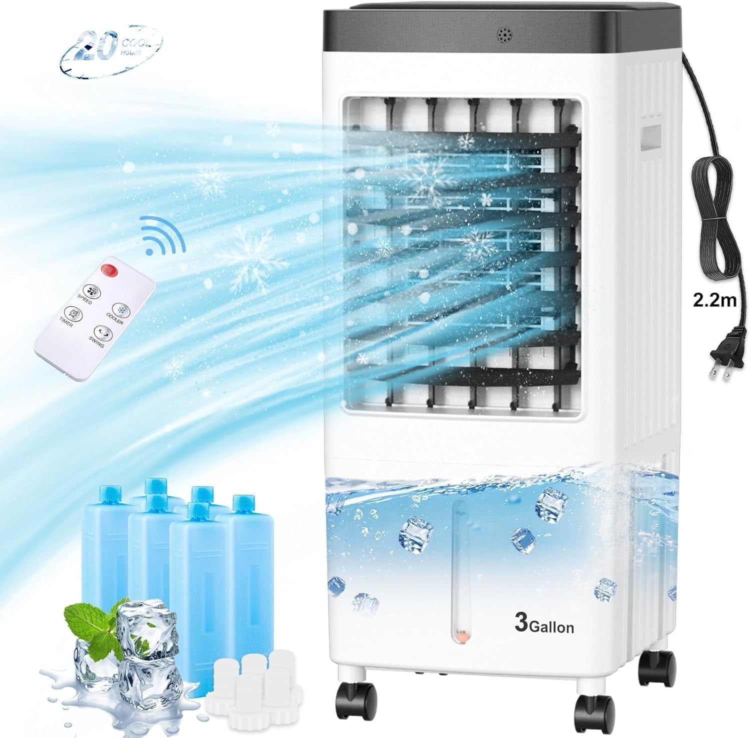 Evaporative Air Cooler, Swamp Cooler with 3 Gal Water Tank, 20H Cooling ...