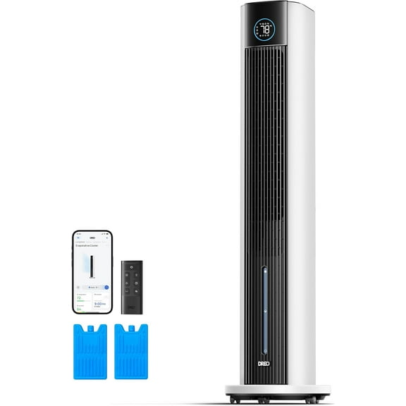 Evaporative Air Swamp Cooler, 43" Cooling Fans that Blow Cold Air 2025 Upgraded, 85 Oscillating Floor Fan for Bedroom, Easy Cleaning, APP Control, Ice Packs, 4 Speeds & 4 Modes, 12H Timer, White