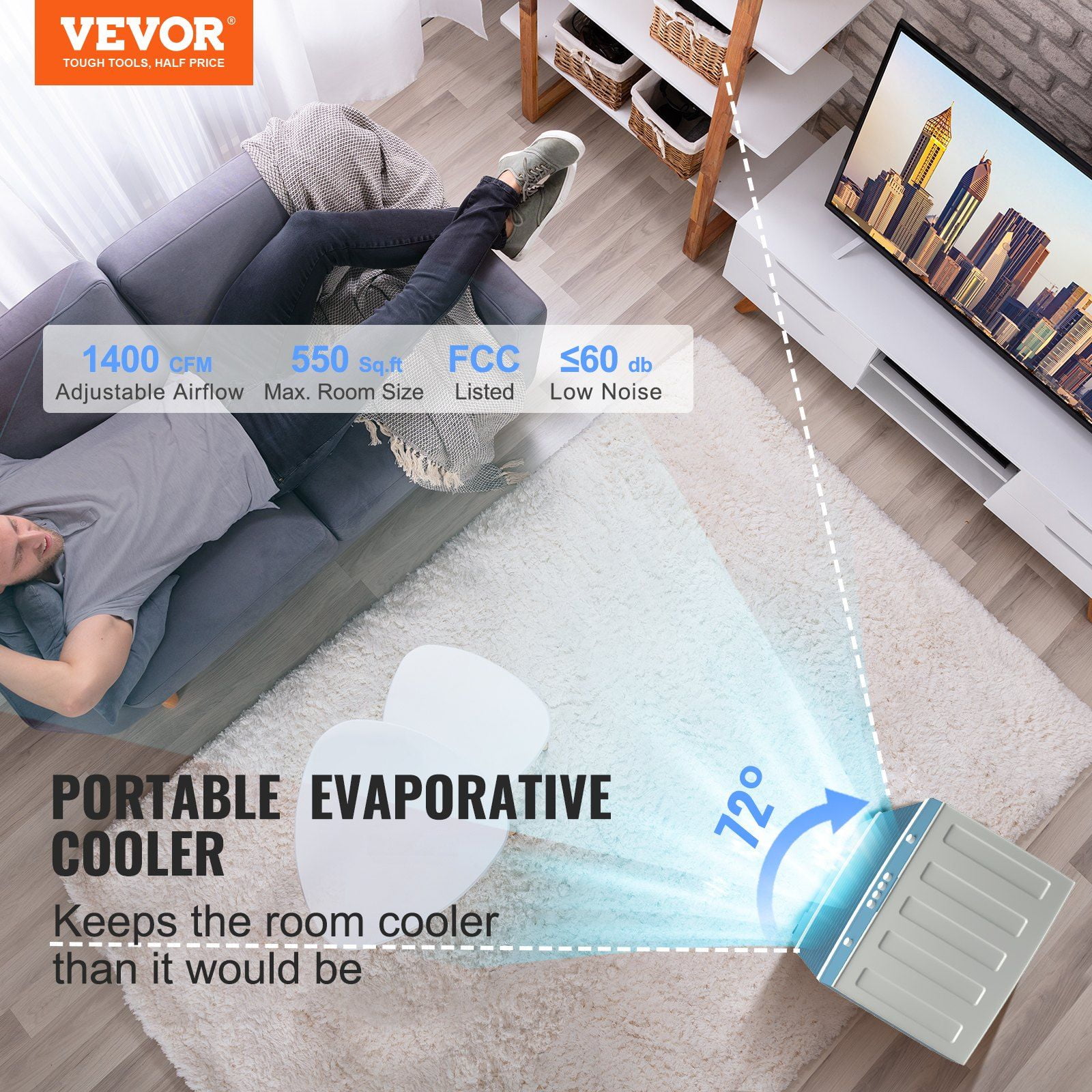 Evaporative Cooler,1400 CFM Air Cooler,84° Oscillating Swamp Cooler ,5 ...