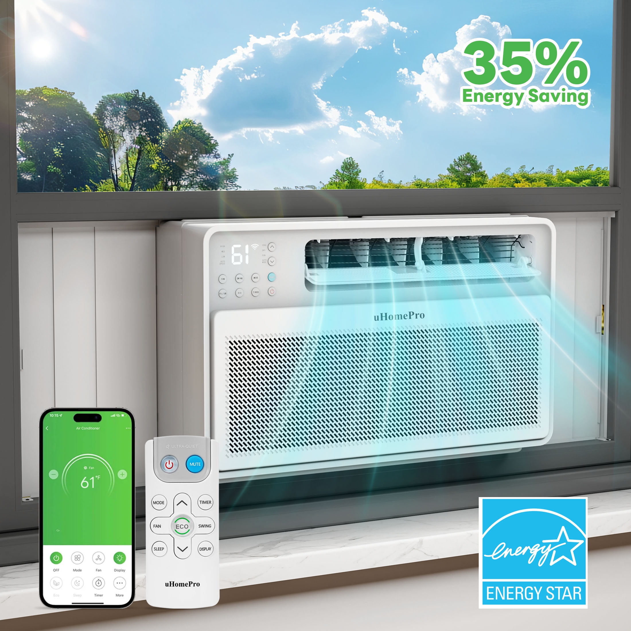 UHOMEPRO 10000 BTU Window Air Conditioner, 15-CEER Energy Efficient Window Air Conditioners, 35% Energy Saving, 42dB Super Quiet, Smart Inverter AC Window Unit, Fast Cooling, Easy Install