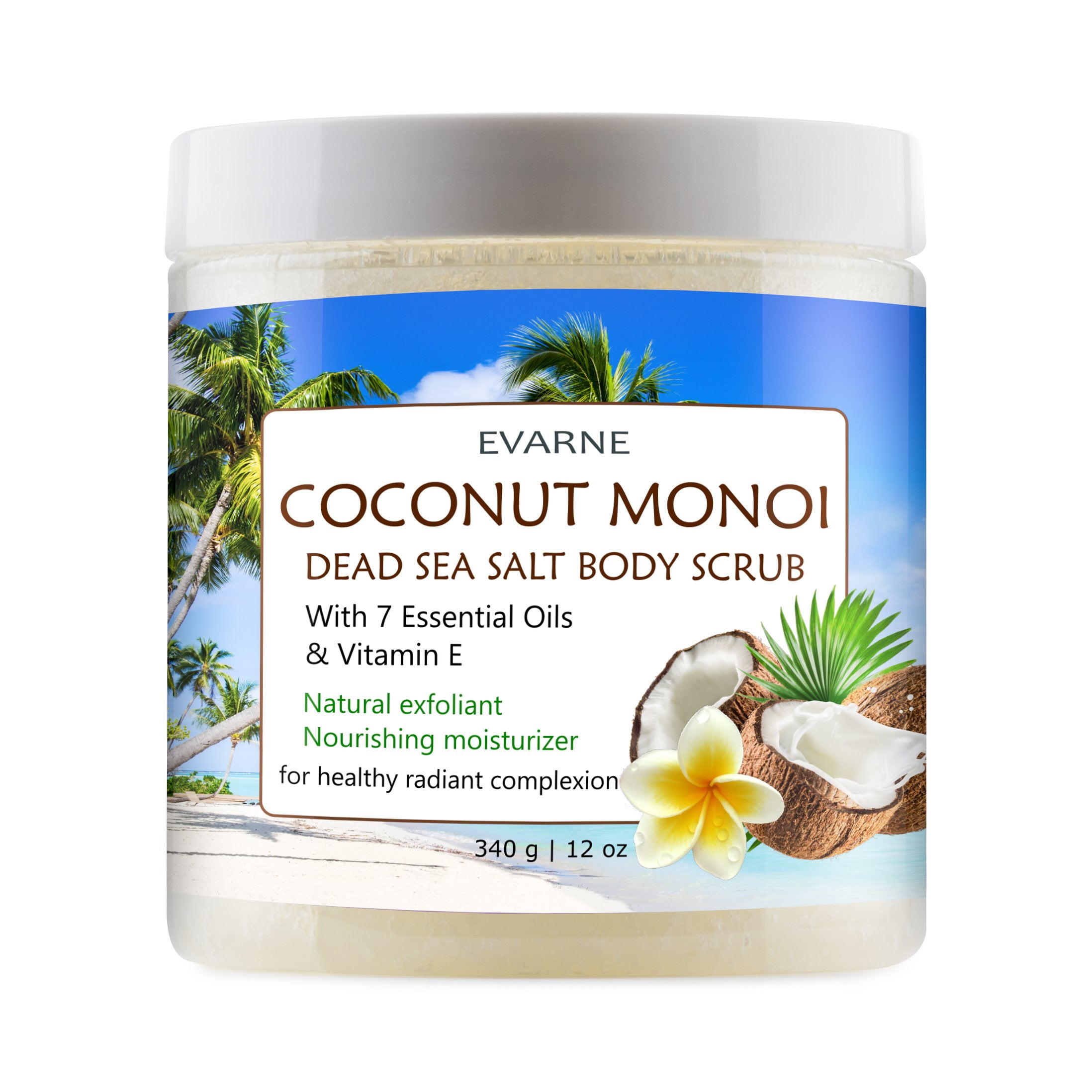 Evarne Coconut Monoi Dead Sea Salt Body Scrub with 7 Essential Oils and