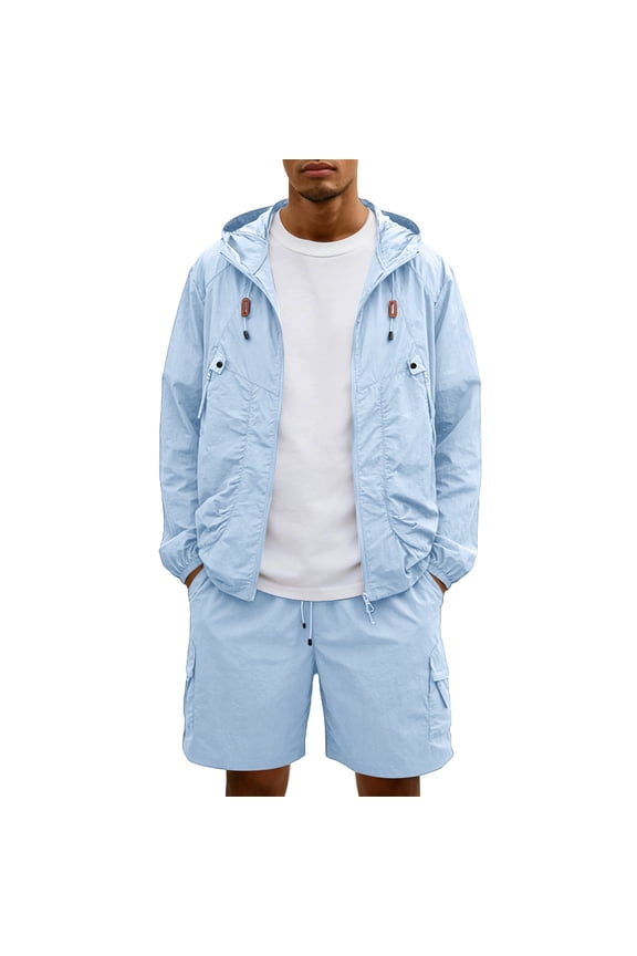 2 Piece Sets for Men Full Zip Hooded Windbreakers & Cargo Shorts Golf Sets 2026 Summer Casual Big and Tall Lightweight Drawstring Outfits with Pockets Light Blue 3XL