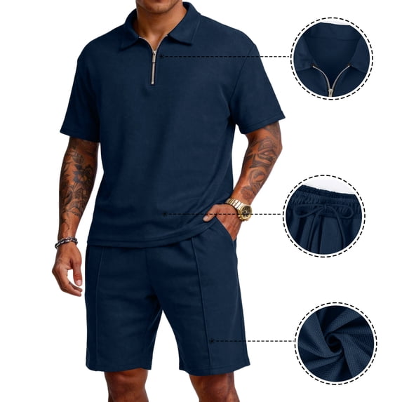Evdexr 2 Piece Sets for Men Quarter Zip Short Sleeve Polo Shirts & Short Tracksuit Summer 2026 Casual Matching Big and Tall Loose Fit Sets with Pockets Navy M