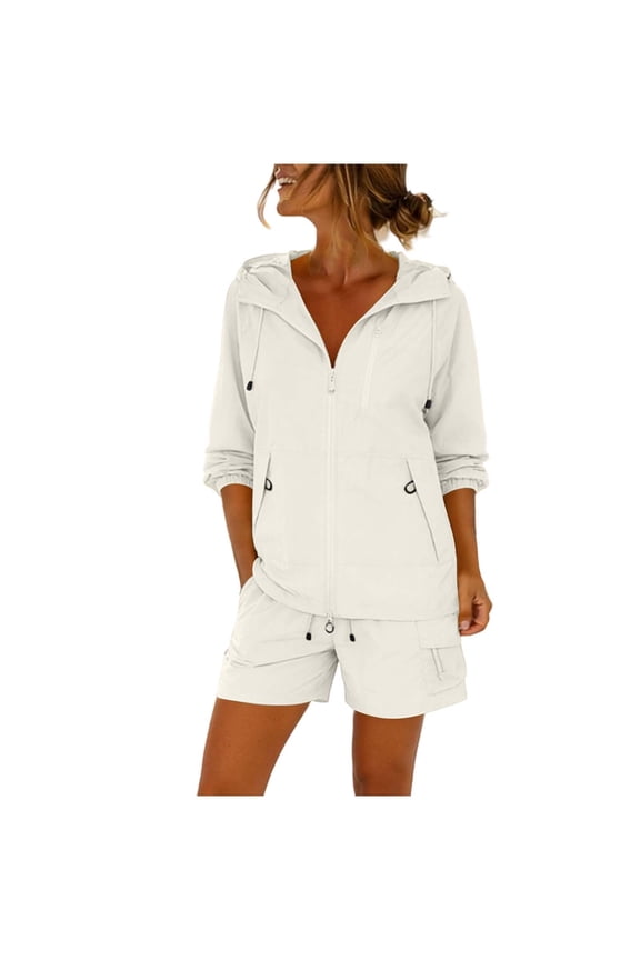 2 Piece Sets for Women Drawstring Hooded Beach Windbreakers &cargo Shorts Outfits Summer 2026 Lounge Loose Fit Oversized Lightweight Sets with Pockets White XL