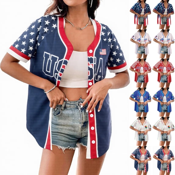 Evdexr 250 Anniversary Usa Jerseys for Woman Short Sleeve Red Blue and White Independence Day Jersey Shirts 1776 2026 Loose Forth Of July Baseball Shirts M