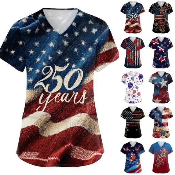 Evdexr 250 Anniversary Usa Scrub Tops for Women 4th Of July V Neck Scrubs 1776 2026 Short Sleeve Usa Flag Shirts Lightweight Nursing Uniforms with Pockets Deep Red 2XL