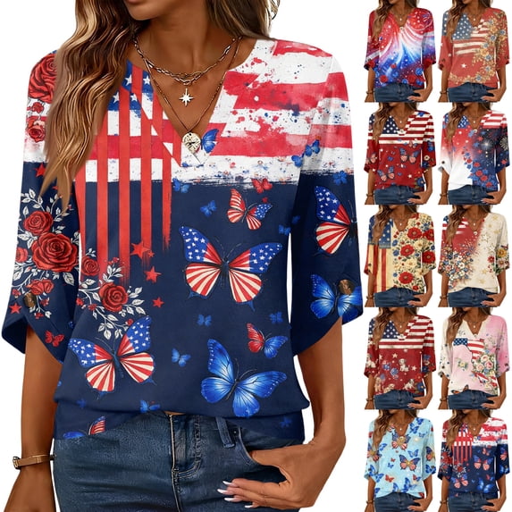 Evdexr 250 Anniversary Usa Tops for Women 4th Of July V Neck Shirts Patriotic 3/4 Sleeve Graphic Usa Flag Shirt 1776 2026 Button Casual T Shirts Wine M