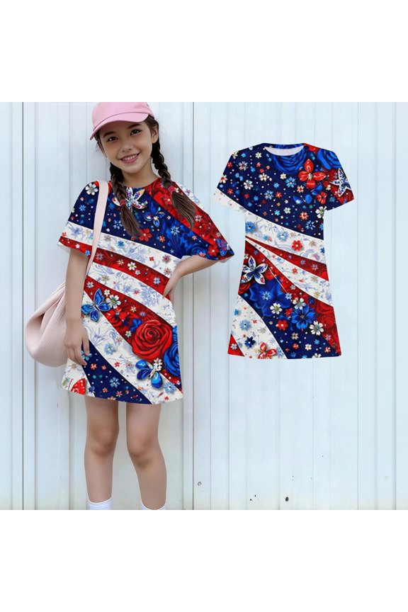 250th Anniversary Dress for Kids Crew Neck Short Sleeve United States 250th Anniversary Dresses Red White and Blue Usa Star Stripes Vintage Fourth Of July Shift Dress Red 150