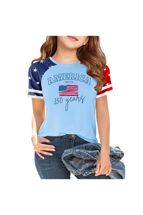 250th Anniversary Girls Shirt Short Sleeve Crew Neck Independence Day Shirts Usa Flag American Flag Liberty Patriotic Graphic Tees Blue 110