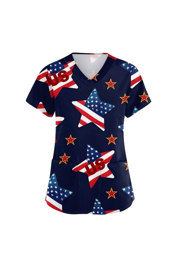 250th Anniversary Usa Scrubs for Women 1776 2026 V Neck Scrub Tops Patriotic Short Sleeve Usa Flag Shirts Lightweight Nursing Uniforms with Pockets Royal Blue S